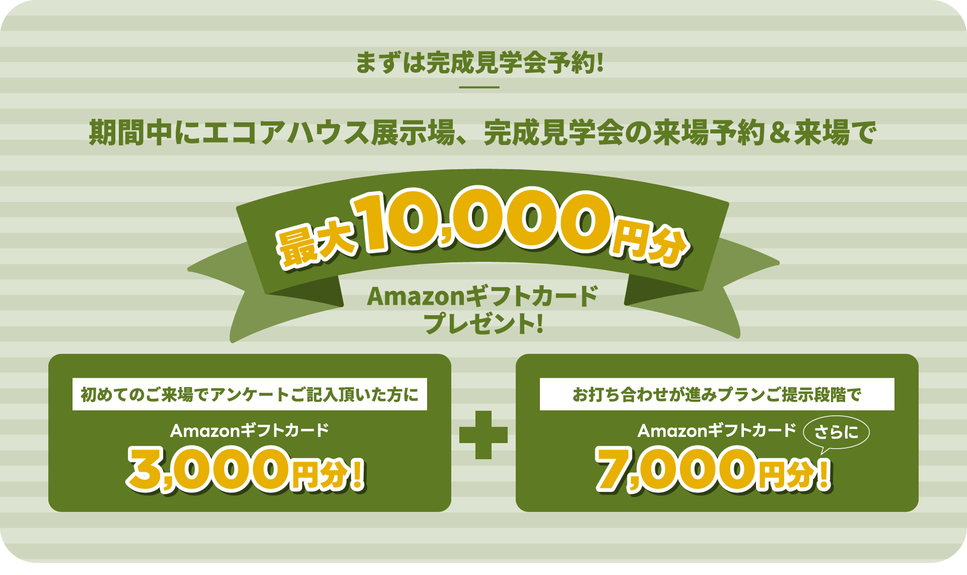 まずは完成見学会予約!期間中にエコアハウス展示場、完成見学会の来場予約＆来場で最大10000円分Amazonギフトカードプレゼント!